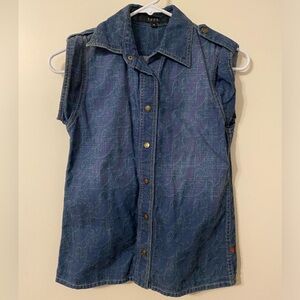 Vintage Gucci Sleeveless Denim Vest Jacket Top w/ Faded Purple Fish Pattern